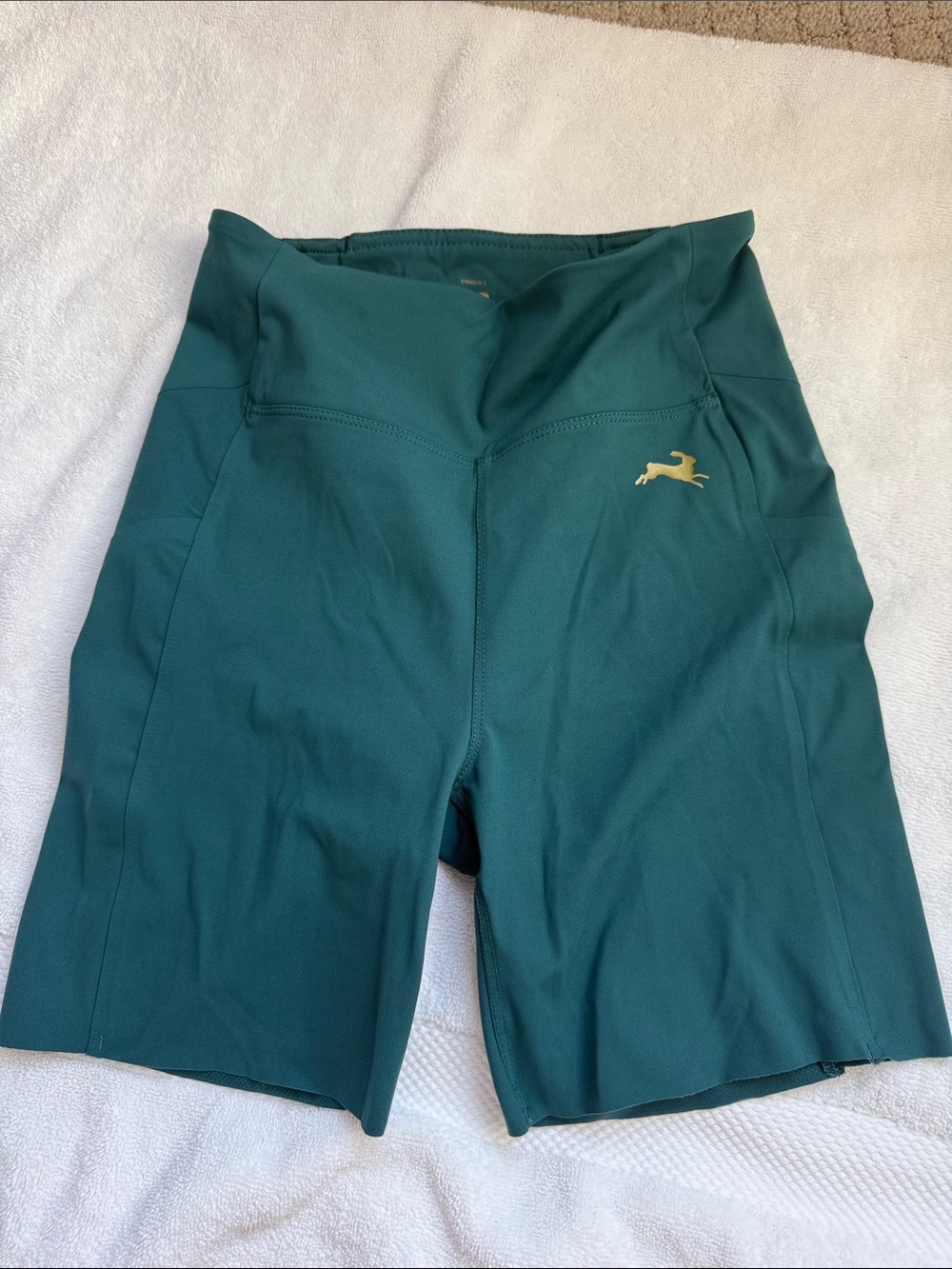 Tracksmith Teal High-Rise Fitted Shorts with Gold Logo